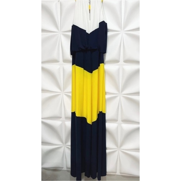 Maggy London Sz 8 Long Color Block Slinky Yellow Navy White Halter m Maxi Dress - Picture 3 of 9